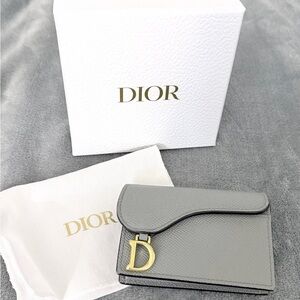 Dior Saddle Flap Card Holder Grained Calfskin Gray